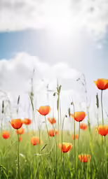 a field with many orange flowers growing out of it