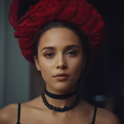 the woman is wearing a red bonnet and jewelry