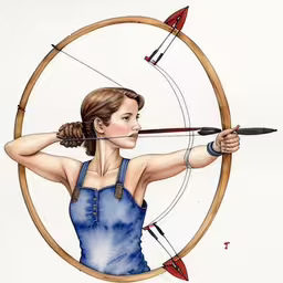 a woman aiming a bow with an arrow in it,a woman holding onto two archery bows as she