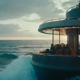 a group of people are sitting at a table on a boat near the water
