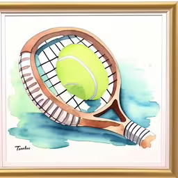 a painting of a tennis racket and ball with watercolor on paper,a painting of a tennis racket and a tennis ball,a picture of a tennis racket and ball,a watercolor painting of a tennis racket and ball,watercolor painting of a tennis racket and ball