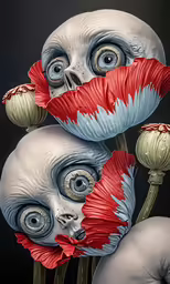 a painting of two white and red flowers with one evilly - looking face