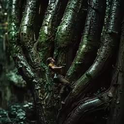 a man climbing up the side of a large tree