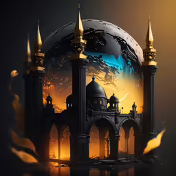 an artistic digital painting depicting a mosque at night