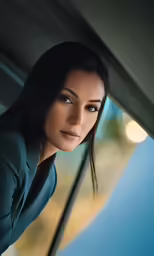 a woman with brown hair posing in a photo studio