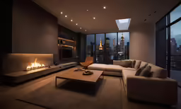 modern living room with a fireplace at night