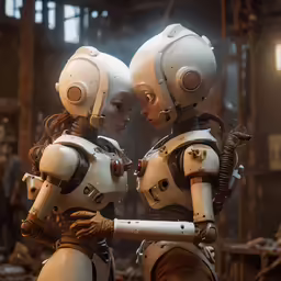 two robots talking and playing in the background