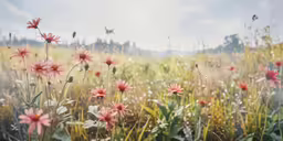 a field full of flowers with lots of grass in the middle