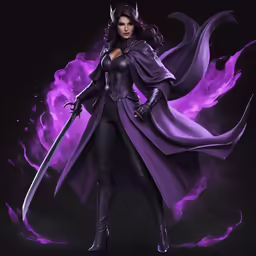 the image shows an animated image of a woman in a purple dress with a sword