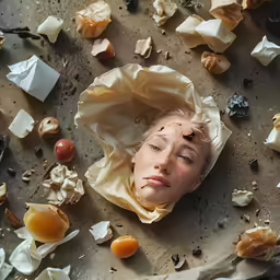 a child is covered in edible objects as if they have spilled out of a container