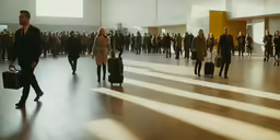 a number of people with luggage walking through an airport