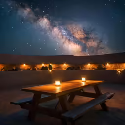 wooden benches with lit candles are next to the milky sky