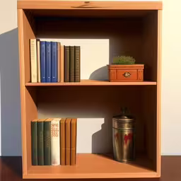some books a cup and a box on a table,there are books on two shelves and an empty vase on the floor,there are three shelves on the table with books on each shelf,a bookshelf with a box and some books,books and other books on shelves beside each other