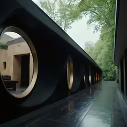 a black building with round shaped windows in the courtyard