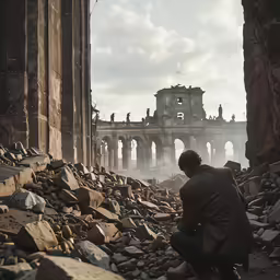 a man crouching down looking into the ruins of an ancient building