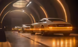 there is a line of white vehicles in the room