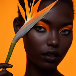 a woman with orange makeup is holding a bird of paradise in her hand