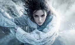 a woman with black hair and white sweater is in the air, holding onto two large wings