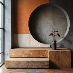 two wooden steps sit next to a modern sculpture and window