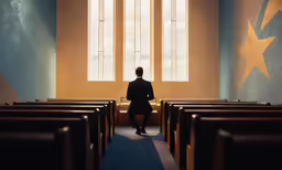 a woman is sitting at the end of a church