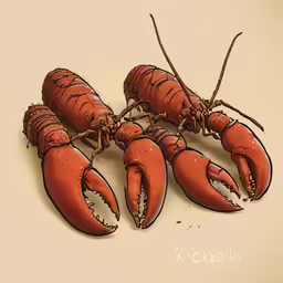 a drawing of three red lobsters on a tan background