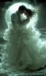 an artistic image of a bride and groom standing together in front of a giant moon