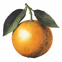 an orange with leaves on a white background