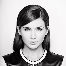 the young woman is posing in black and white