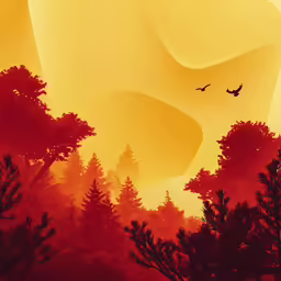 there is a painting of two birds flying in the sky