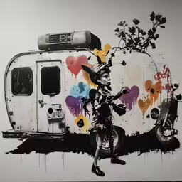 a person walking past a painting of a rv