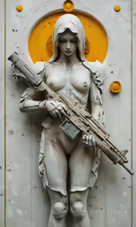 the statue shows an attractive woman with a gun