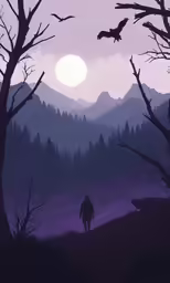 a man standing in the woods looking at a moon
