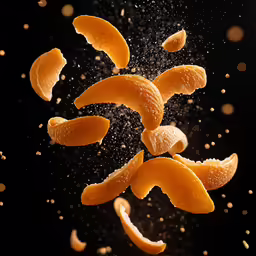 pieces of orange being tossed into air with black background