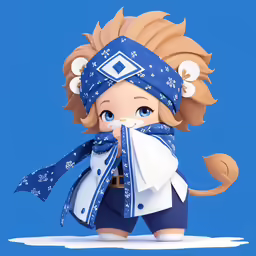 a toy with hair, wearing shorts and bandanna on it
