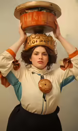 woman wearing white shirt and tan blouse holding a bucket on her head