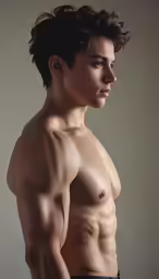 a shirtless man wearing blue boxers and showing his chest