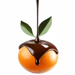 an orange with a flower and leaf dripping on it