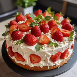 the white cake is covered with strawberries and mints
