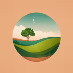 a colorful landscape with a tree inside,a round painted painting with a tree on the edge