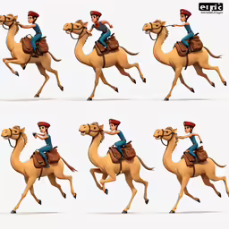 four different positions of an animation character riding a camel