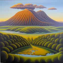 a painting with many different colors and lines,an art painting of mountains and a lake,there is a painting on the wall of a house,a painting that is very neat looking,an abstract painting with yellow and green colors