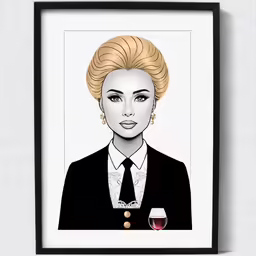 an art print with a lady holding a glass of wine