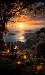 two people sit next to each other under a tree and enjoy some sunset