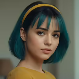 a young lady with bright blue hair and green eyes