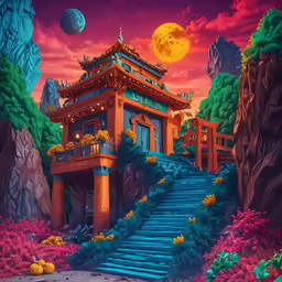 a digital painting of a chinese pagoda next to some stairs