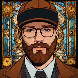 a bearded hipster in glasses and a hat and tie,digital painting of an artist, the artist is depicted in front of stained glass
