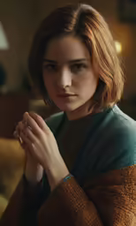 a young woman is praying in her living room