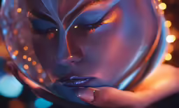 the woman is wearing a futuristic helmet that looks like a leaf