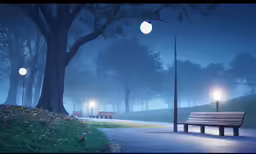 a park bench is lit up at night