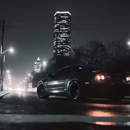 cars are parked on a wet city street at night